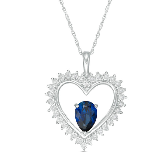 Pear-Shaped Lab-Created Blue Sapphire and 0.1 CT. T.W. Diamond Heart Pendant in 10K White Gold