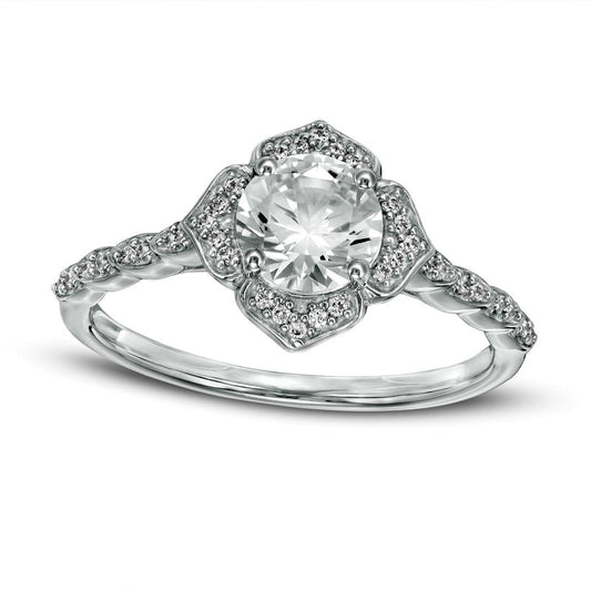 6.0mm Lab-Created White Sapphire and 0.13 CT. T.W. Diamond Frame Flower Ring in Solid 10K White Gold