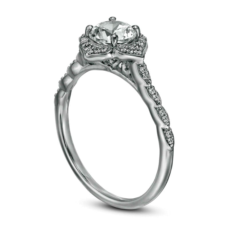 6.0mm Lab-Created White Sapphire and 0.13 CT. T.W. Diamond Frame Flower Ring in Solid 10K White Gold