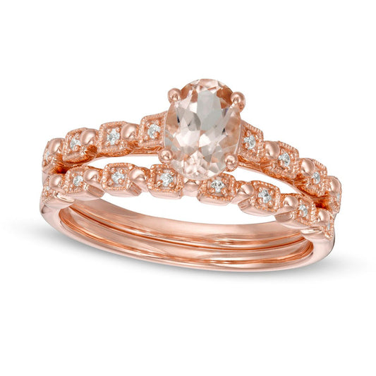 Oval Morganite and 0.07 CT. T.W. Natural Diamond Beaded Alternating Art Deco Bridal Engagement Ring Set in Solid 10K Rose Gold