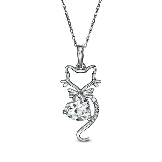 7.0mm Heart-Shaped Lab-Created White Sapphire and Diamond Accent Cat with Bow Tie Drop Pendant in 10K White Gold