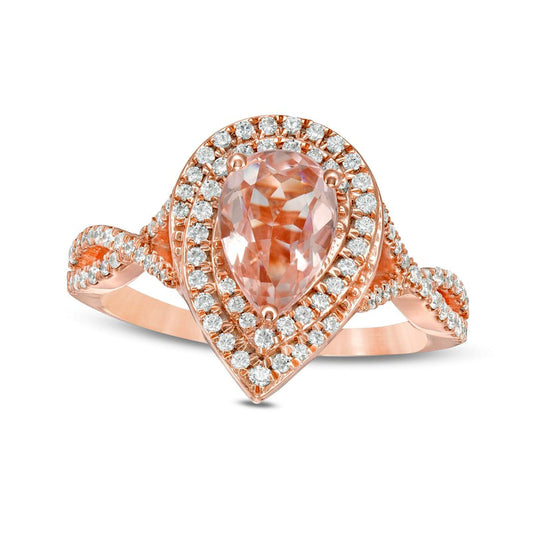 Pear-Shaped Morganite and 0.50 CT. T.W. Natural Diamond Cascade Frame Crossover Shank Ring in Solid 10K Rose Gold