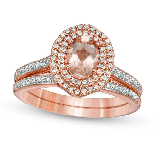 Oval Morganite and 0.25 CT. T.W. Natural Diamond Double Frame Floral Bridal Engagement Ring Set in Solid 10K Rose Gold