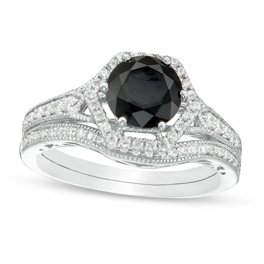 7.0mm Lab-Created Black Sapphire and 0.38 CT. T.W. Diamond Hexagonal Frame Antique Vintage-Style Bridal Engagement Ring Set in Solid 10K White Gold