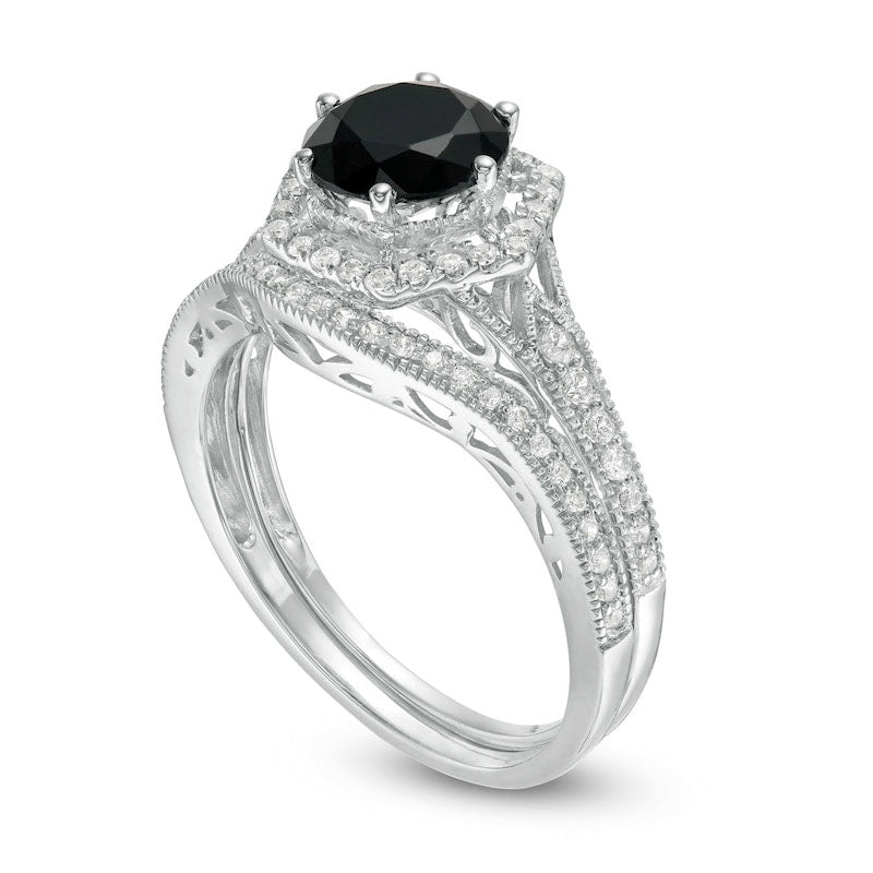 7.0mm Lab-Created Black Sapphire and 0.38 CT. T.W. Diamond Hexagonal Frame Antique Vintage-Style Bridal Engagement Ring Set in Solid 10K White Gold