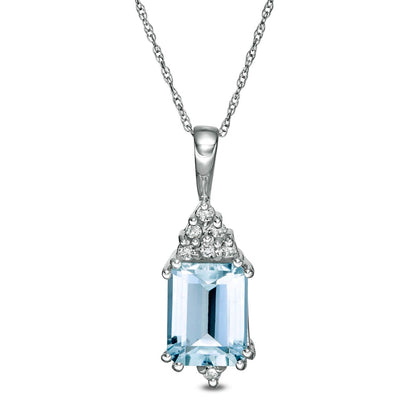 Emerald-Cut Aquamarine and 0.07 CT. T.W. Natural Diamond Geometric Pendant in 10K White Gold