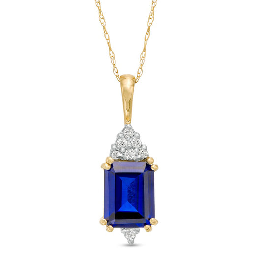 Emerald-Cut Lab-Created Blue Sapphire and 0.07 CT. T.W. Diamond Geometric Pendant in 10K Yellow Gold