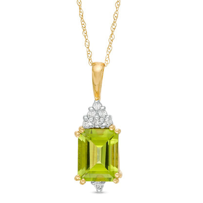 Emerald-Cut Peridot and 0.07 CT. T.W. Natural Diamond Geometric Pendant in 10K Yellow Gold