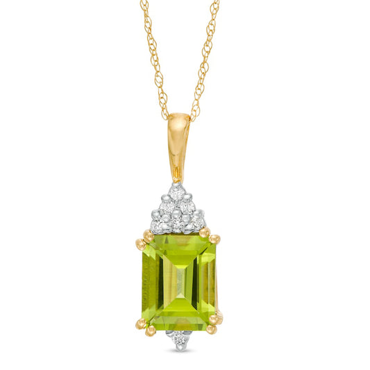 Emerald-Cut Peridot and 0.07 CT. T.W. Natural Diamond Geometric Pendant in 10K Yellow Gold