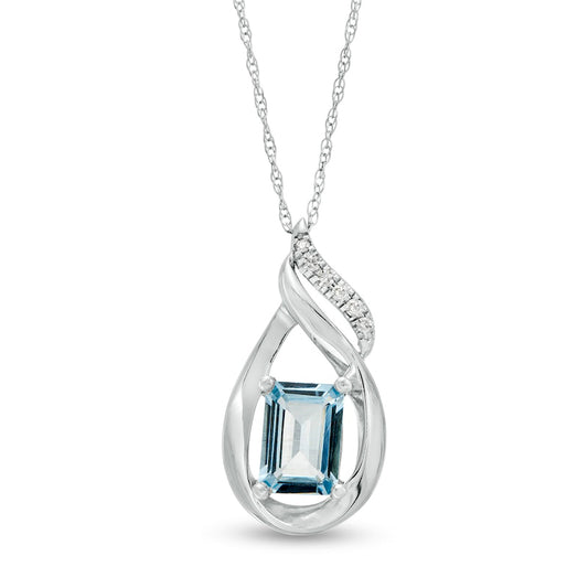Emerald-Cut Aquamarine and Natural Diamond Accent Flame Pendant in 10K White Gold