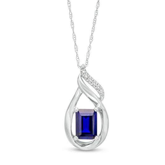 Emerald-Cut Lab-Created Blue Sapphire and Diamond Accent Flame Pendant in 10K White Gold