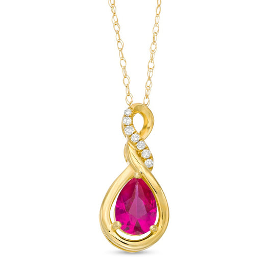 Pear-Shaped Lab-Created Ruby and Diamond Accent Cascading Teardrop Pendant in 10K Yellow Gold