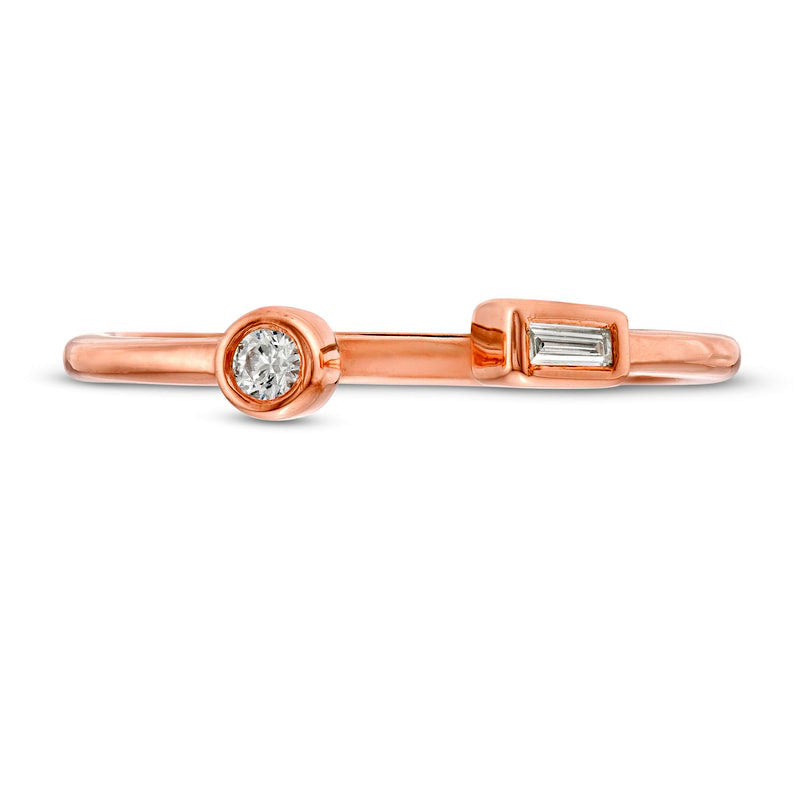0.05 CT. T.W. Baguette and Round Natural Diamond Open Shank Ring in Solid 10K Rose Gold