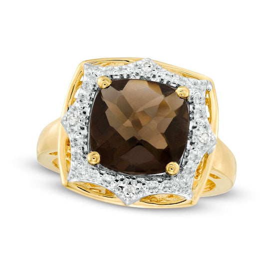 10.0mm Cushion-Cut Smoky Quartz and Natural Diamond Accent Sunburst Frame Ring in Solid 10K Yellow Gold