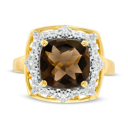 10.0mm Cushion-Cut Smoky Quartz and Natural Diamond Accent Sunburst Frame Ring in Solid 10K Yellow Gold