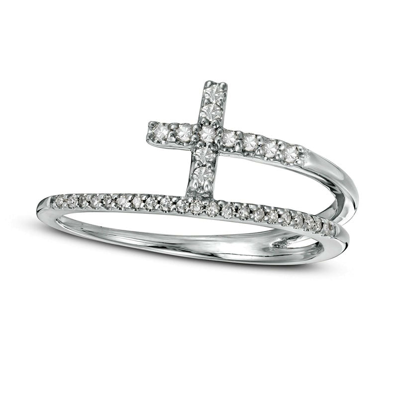 0.17 CT. T.W. Natural Diamond Cross Split Shank Stacked Ring in Solid 10K White Gold