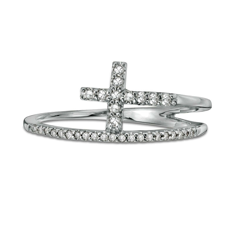 0.17 CT. T.W. Natural Diamond Cross Split Shank Stacked Ring in Solid 10K White Gold