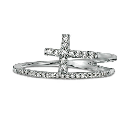 0.17 CT. T.W. Natural Diamond Cross Split Shank Stacked Ring in Solid 10K White Gold