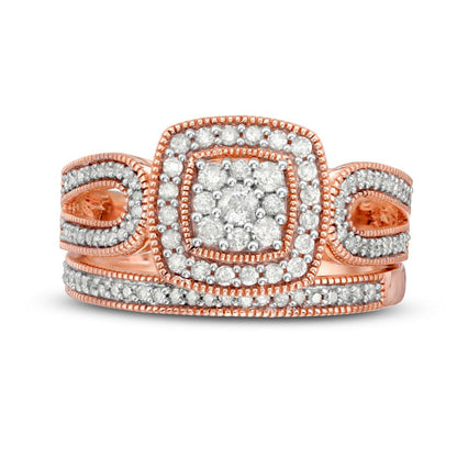 0.50 CT. T.W. Composite Natural Diamond Cushion Frame Looped Antique Vintage-Style Bridal Engagement Ring Set in Solid 10K Rose Gold