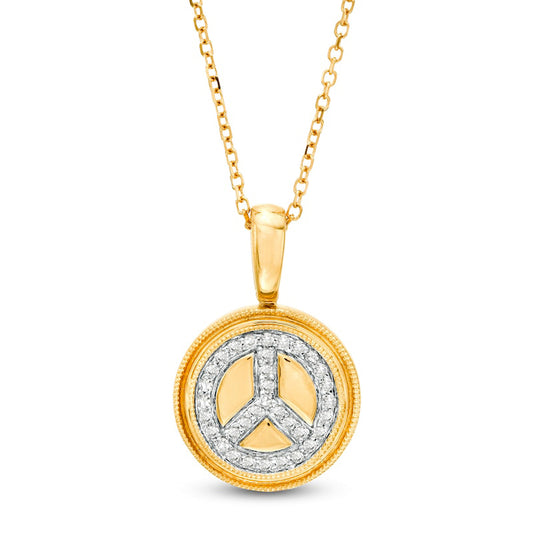 0.1 CT. T.W. Natural Diamond Peace Sign Beaded Frame Disc Pendant in 14K Gold