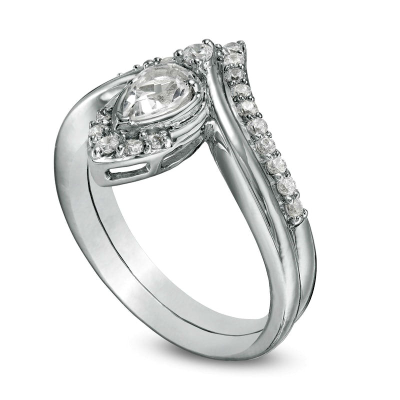 Pear-Shaped Lab-Created White Sapphire and 0.33 CT. T.W. Diamond Chevron Bridal Engagement Ring Set in Solid 10K White Gold