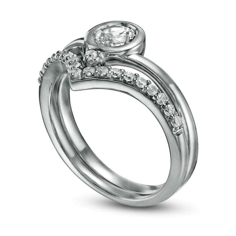 5.0mm Lab-Created White Sapphire and 0.25 CT. T.W. Diamond Chevron Bridal Engagement Ring Set in Sterling Silver