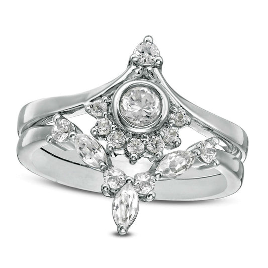 Lab-Created White Sapphire and 0.10 CT. T.W. Diamond Sunrise Chevron Bridal Engagement Ring Set in Sterling Silver