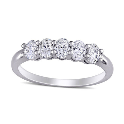 1.0 CT. T.W. Oval Natural Diamond Five Stone Anniversary Band in Solid 14K White Gold (H/VS2)