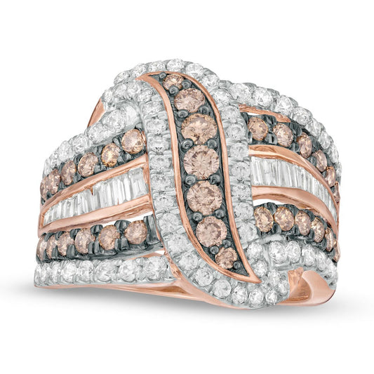 2.0 CT. T.W. Champagne and White Natural Diamond Multi-Row Crossover Ring in Solid 10K Rose Gold