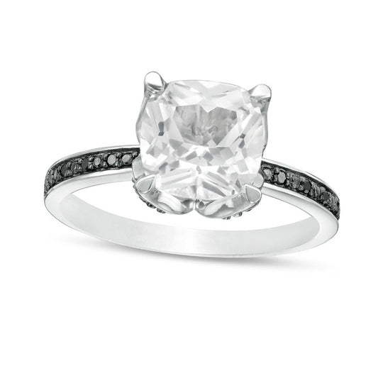 Cushion-Cut Lab-Created White Sapphire and 0.05 CT. T.W. Enhanced Black Diamond Flower Engagement Ring in Solid 10K White Gold