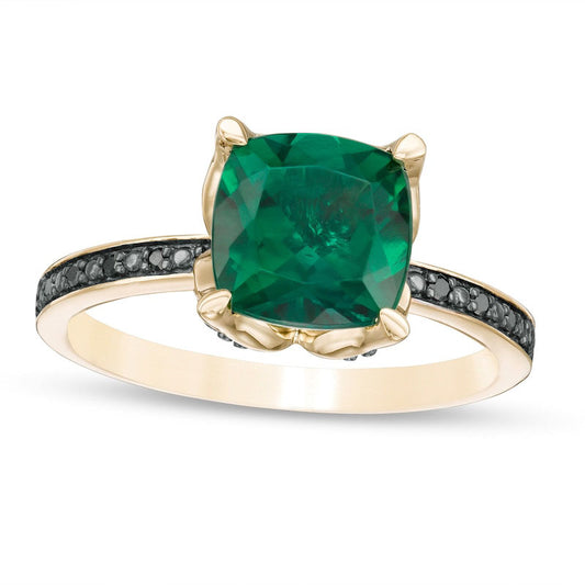8.0mm Cushion-Cut Lab-Created Emerald and 0.05 CT. T.W. Enhanced Black Diamond Flower Engagement Ring in Solid 10K Yellow Gold