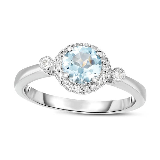 6.0mm Aquamarine and 0.10 CT. T.W. Natural Diamond Frame Antique Vintage-Style Ring in Solid 14K White Gold - Size 7