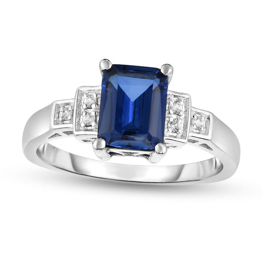 Emerald-Cut Lab-Created Blue and White Sapphire Tri-Sides Collar Ring in Sterling Silver