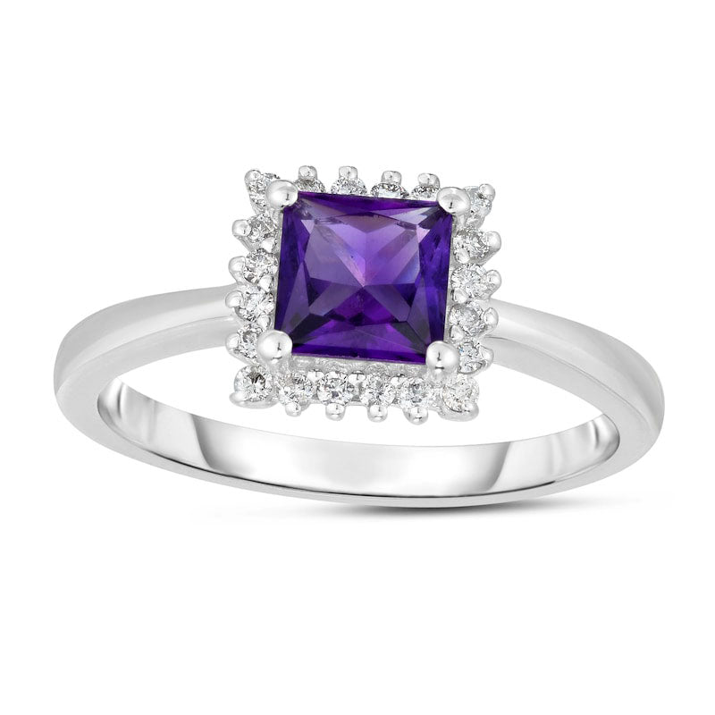5.5mm Princess-Cut Amethyst and 0.13 CT. T.W. Natural Diamond Shadow Frame Ring in Solid 14K White Gold - Size 7