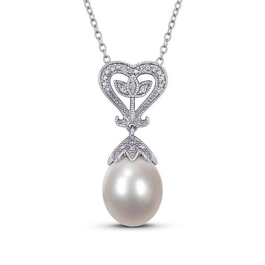 10.0-10.5mm Cultured Freshwater Pearl and 0.05 CT. T.W. Natural Diamond Antique Vintage-Style Heart-Top Pendant in Sterling Silver