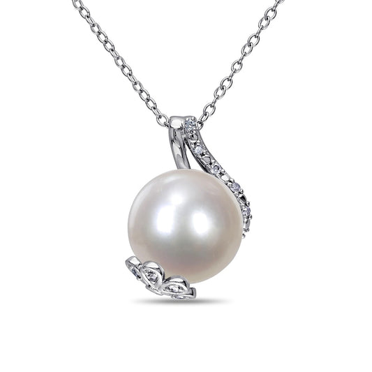 12.0-12.5mm Cultured Freshwater Pearl and 0.1 CT. T.W. Natural Diamond Flower Wrap Pendant in Sterling Silver