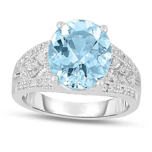 Oval Aquamarine and 0.10 CT. T.W. Natural Diamond Antique Vintage-Style Ring in Sterling Silver
