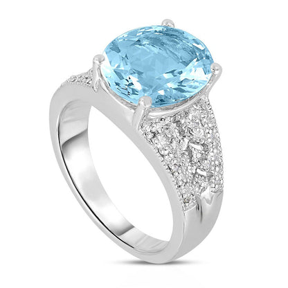 Oval Aquamarine and 0.10 CT. T.W. Natural Diamond Antique Vintage-Style Ring in Sterling Silver