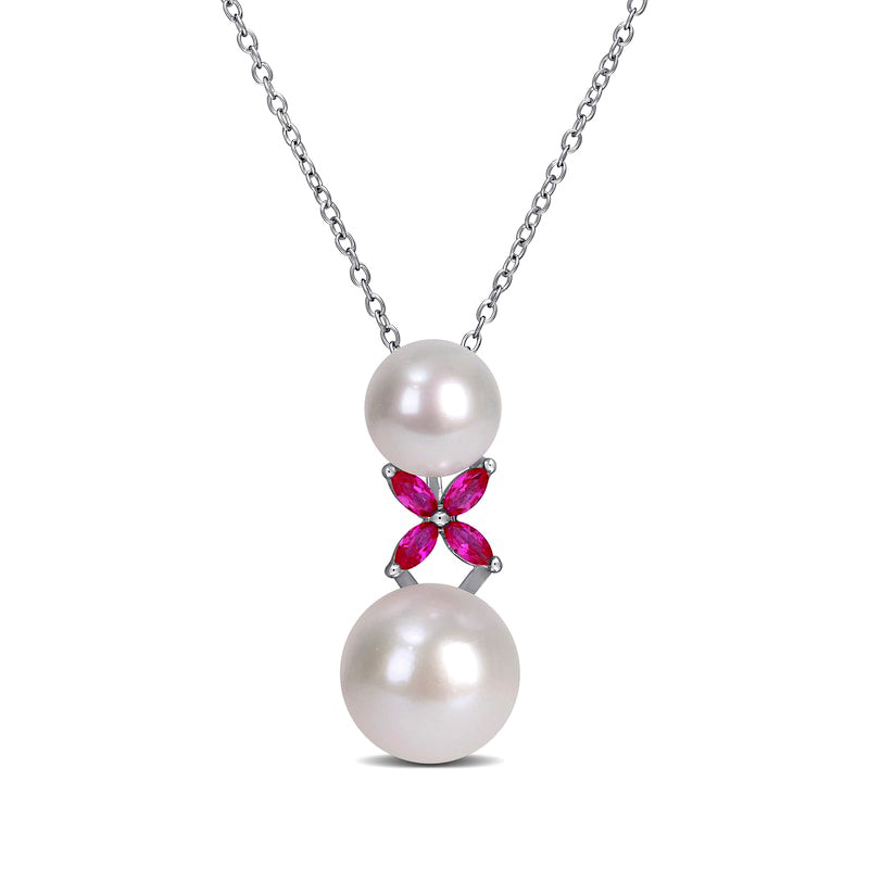 8.5-12.0mm Cultured Freshwater Pearl and Marquise Lab-Created Ruby "X" Drop Pendant in Sterling Silver
