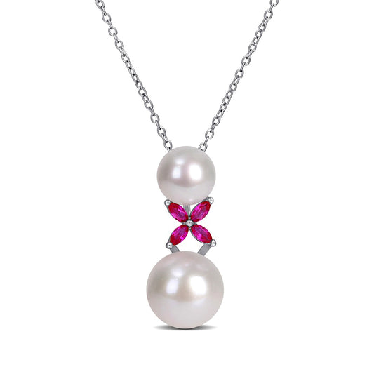 8.5-12.0mm Cultured Freshwater Pearl and Marquise Lab-Created Ruby "X" Drop Pendant in Sterling Silver
