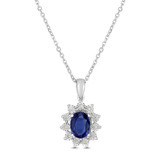 Oval Lab-Created Alexandrite and 0.05 CT. T.W. Diamond Sunburst Frame Pendant in Sterling Silver