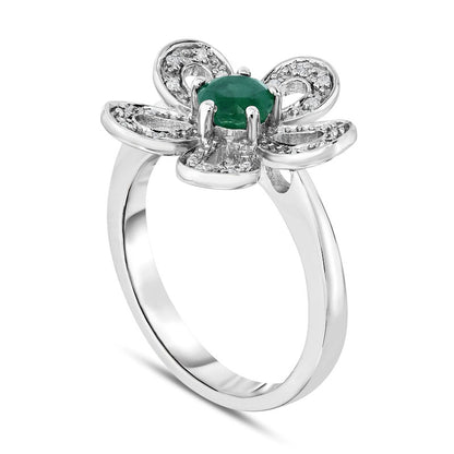 5.0mm Emerald and 0.05 CT. T.W. Natural Diamond Open Flower Ring in Sterling Silver
