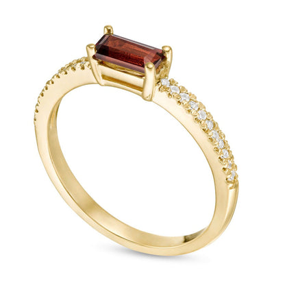 Sideways Baguette Garnet and 0.10 CT. T.W. Natural Diamond Stackable Ring in Solid 10K Yellow Gold