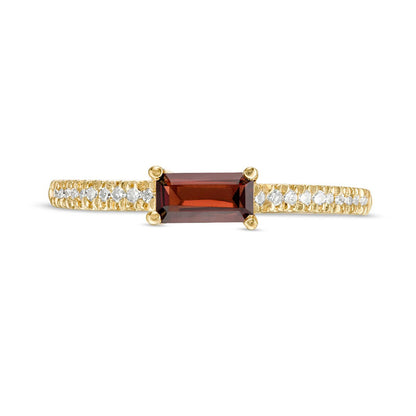 Sideways Baguette Garnet and 0.10 CT. T.W. Natural Diamond Stackable Ring in Solid 10K Yellow Gold