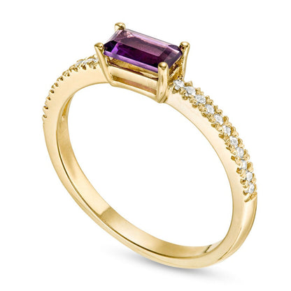 Sideways Baguette Amethyst and 0.10 CT. T.W. Natural Diamond Stackable Ring in Solid 10K Yellow Gold