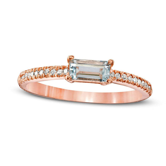 Sideways Baguette Aquamarine and 0.10 CT. T.W. Natural Diamond Stackable Ring in Solid 10K Rose Gold