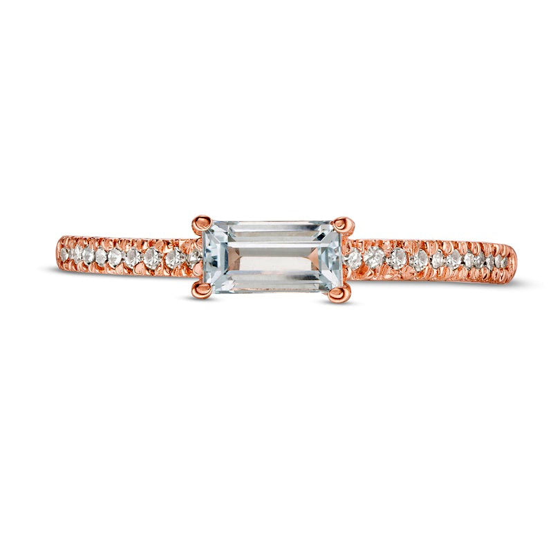 Sideways Baguette Aquamarine and 0.10 CT. T.W. Natural Diamond Stackable Ring in Solid 10K Rose Gold