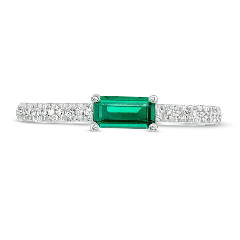 Sideways Baguette Lab-Created Emerald and 0.10 CT. T.W. Diamond Stackable Ring in Solid 10K White Gold