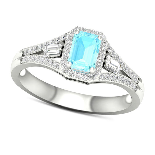 Emerald-Cut Aquamarine, White Topaz and 0.20 CT. T.W. Natural Diamond Frame Three Stone Split Shank Ring in Solid 10K White Gold