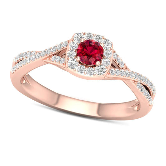 4.0mm Ruby and 0.25 CT. T.W. Natural Diamond Cushion Frame Crossover Shank Ring in Solid 10K Rose Gold